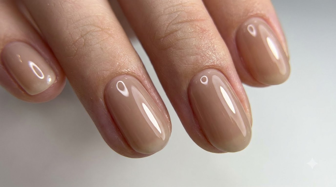 Primer plano de una manicura de gel nude jelly brillante con cutículas impecables y reflejo de luz perfecto.