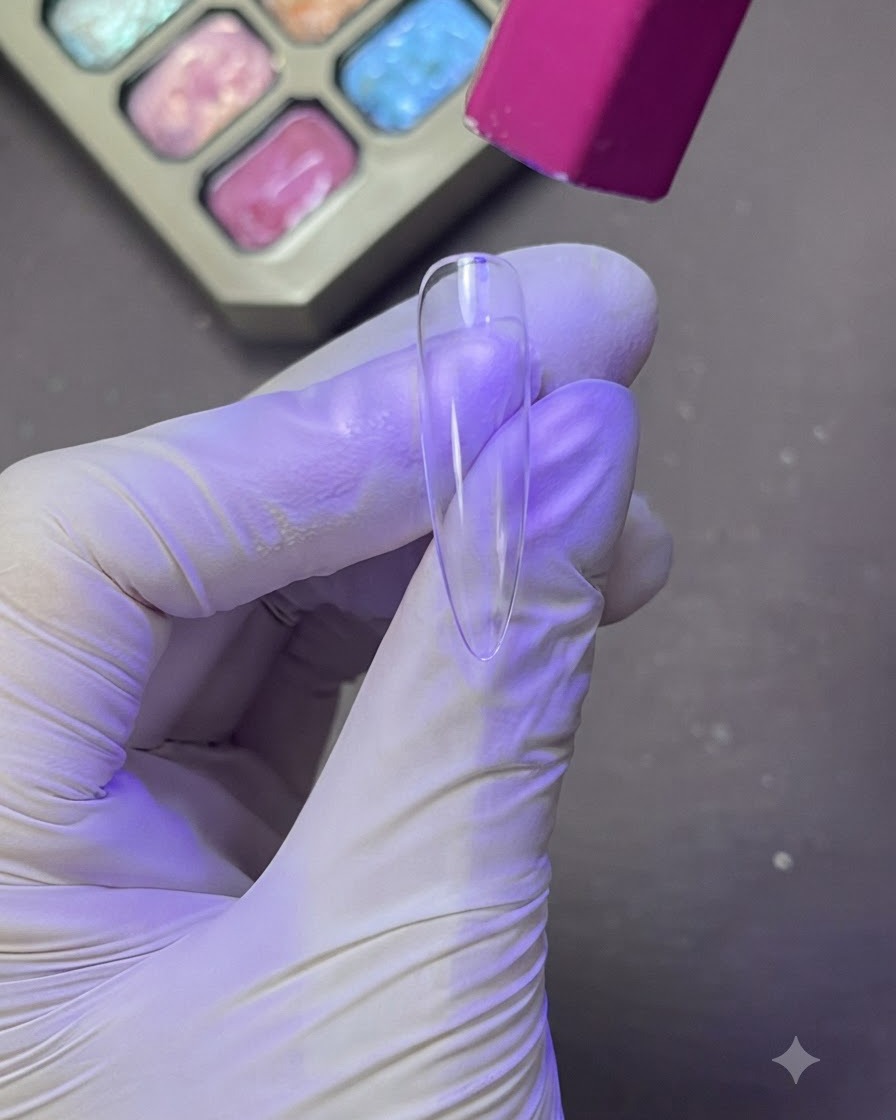 Una punta de uña transparente curándose bajo una lámpara UV/LED de tono púrpura sostenida por una mano con guante.