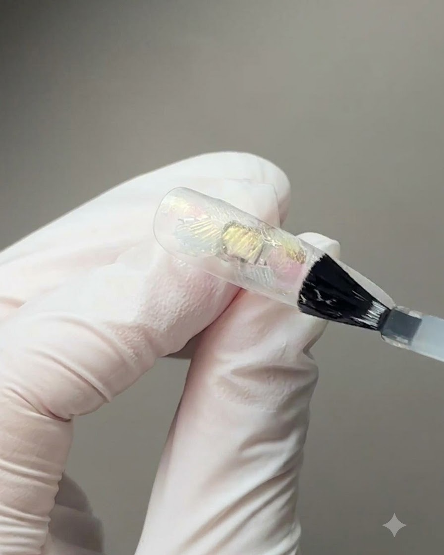 Un pincel aplicando gel base a una punta de uña transparente incrustada con varios fragmentos de concha iridiscente.