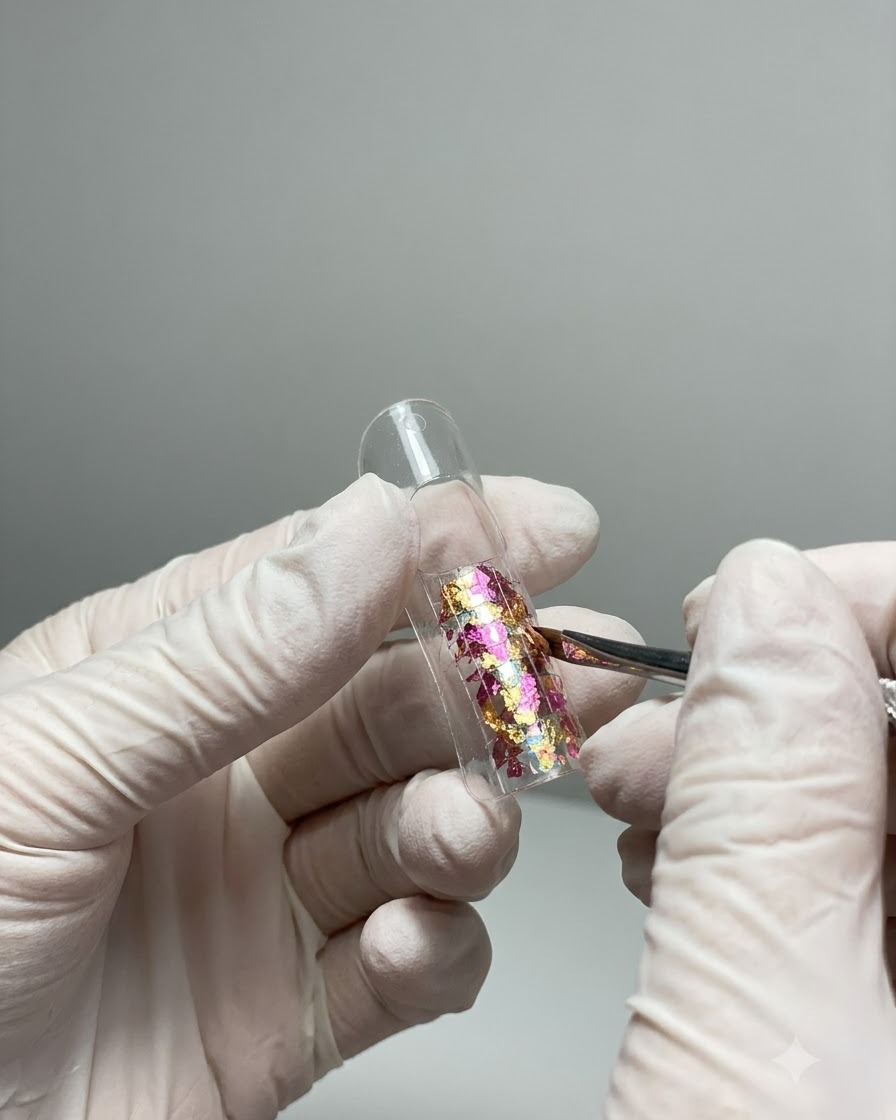 Un pincel fino aplicando gel de color entre escamas de concha incrustadas en una punta de uña transparente.