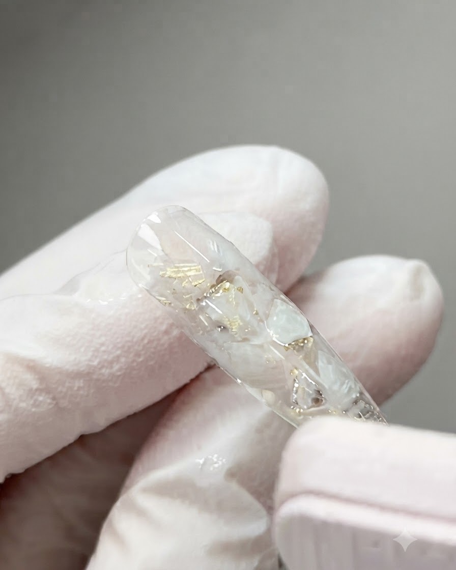 Una vista de primer plano de una punta de uña transparente completa incrustada con piezas de concha y lámina de oro después del curado.