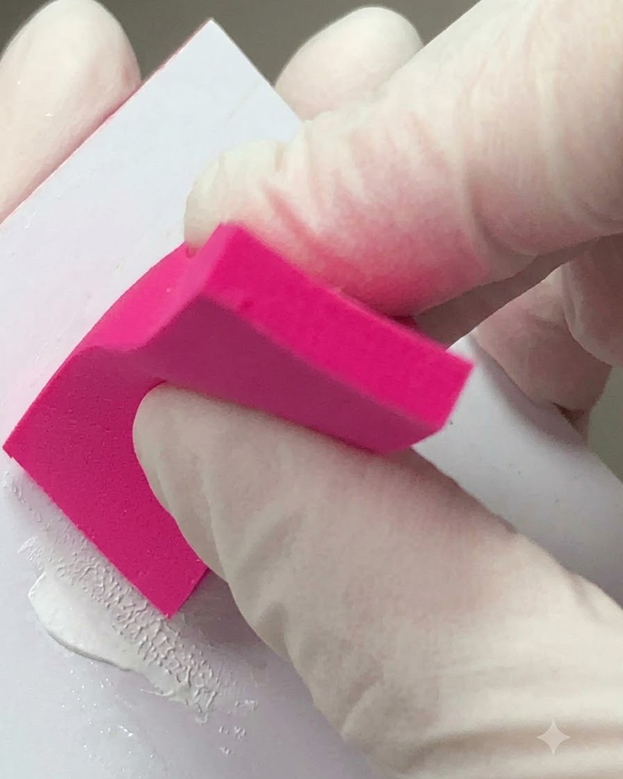 Una mano con guante usando una almohadilla de esponja de color rosa brillante para limpiar una superficie durante la preparación de uñas.