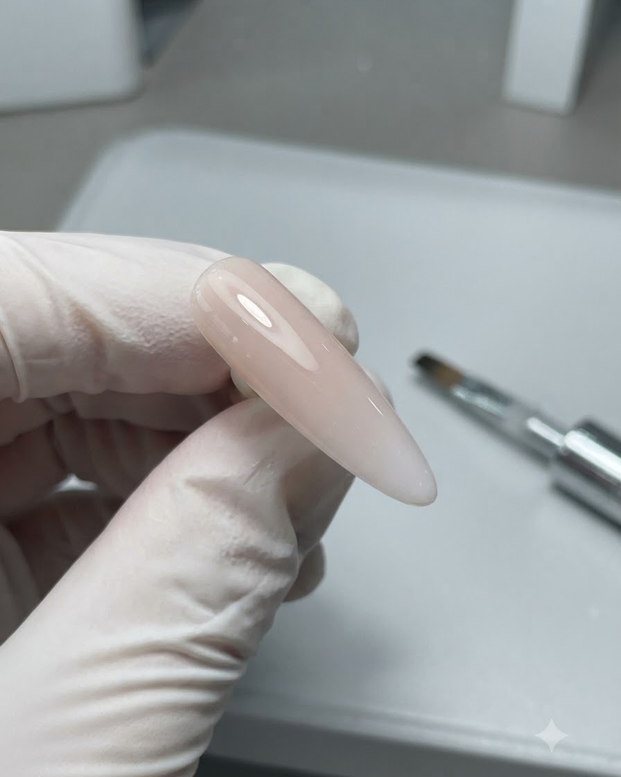 Un primer plano de una punta de uña de almendra de tono neutro brillante terminada y sostenida contra un fondo limpio de mesa.