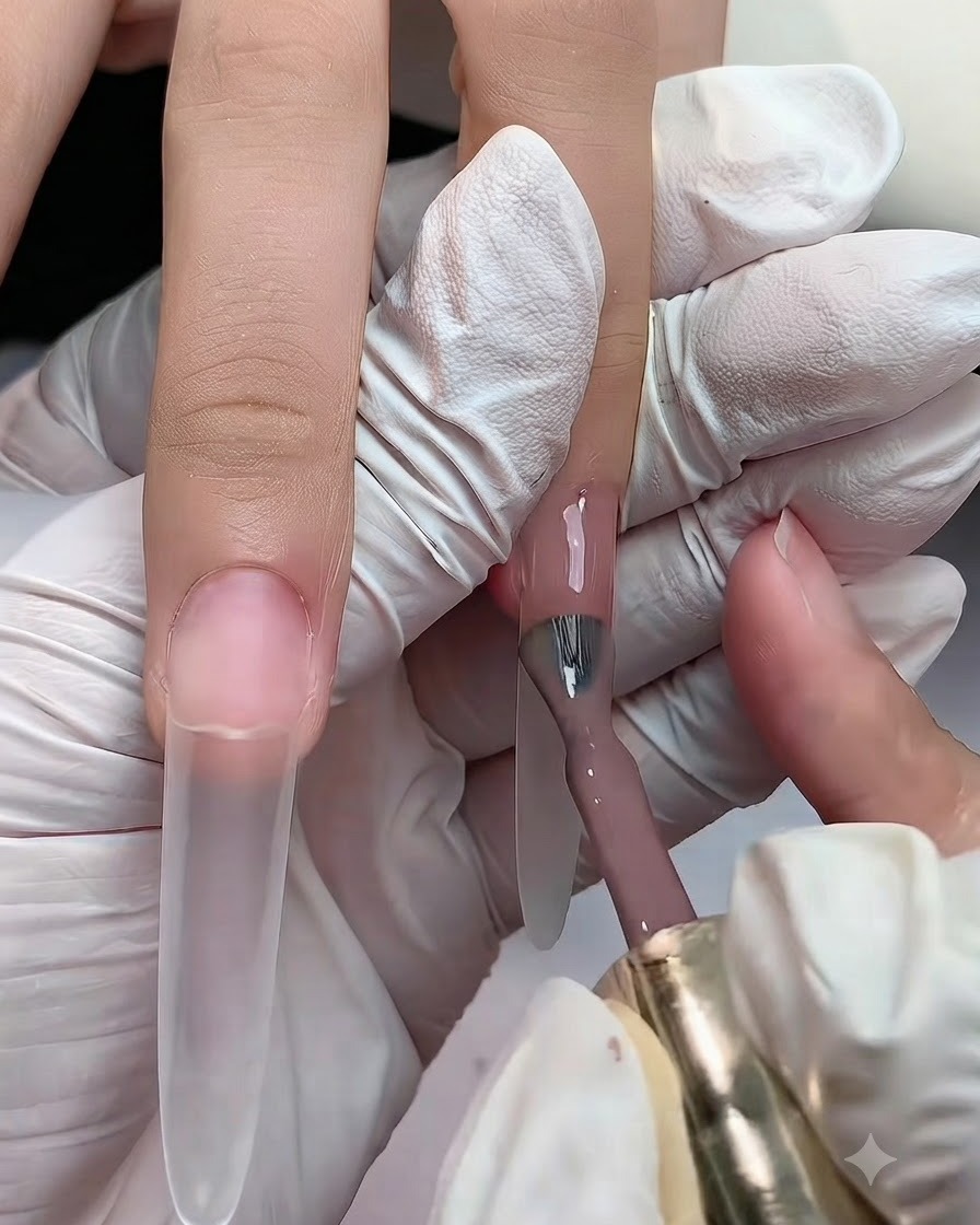 Un pincel de esmalte aplicando un tono de gel nude claro en la mitad superior de una uña postiza larga cerca de la zona de la cutícula.
