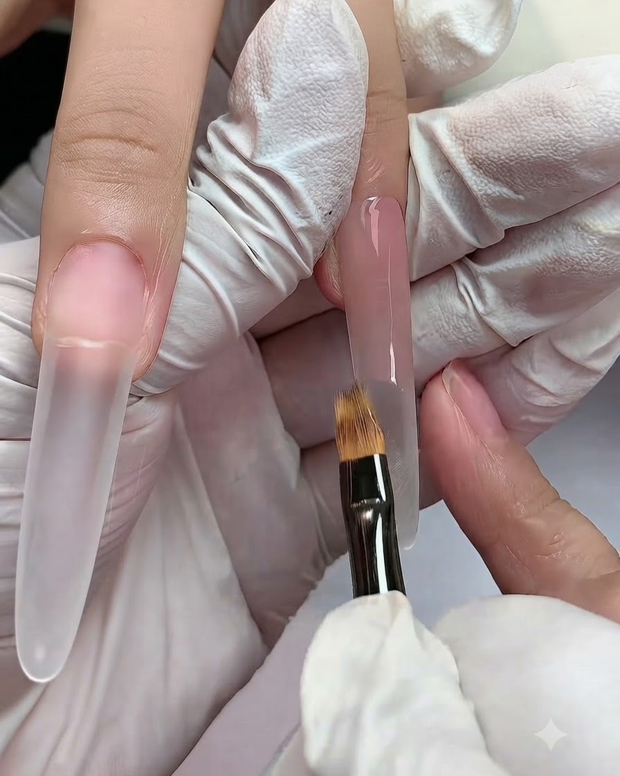 Un pincel plano para degradados difuminando el borde inferior del gel nude húmedo sobre una uña postiza larga.