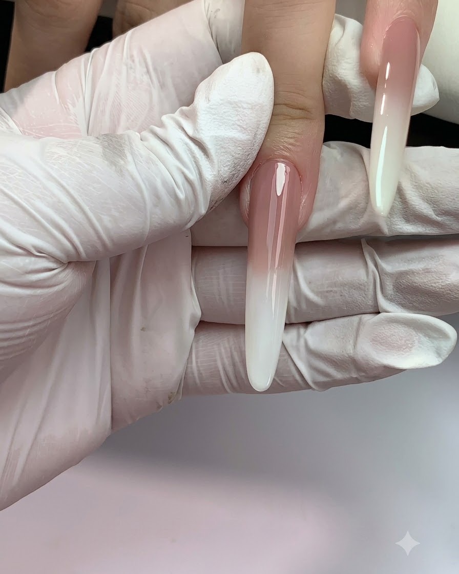 Un primer plano de una uña larga recibiendo una segunda aplicación de gel nude cerca de la cutícula.