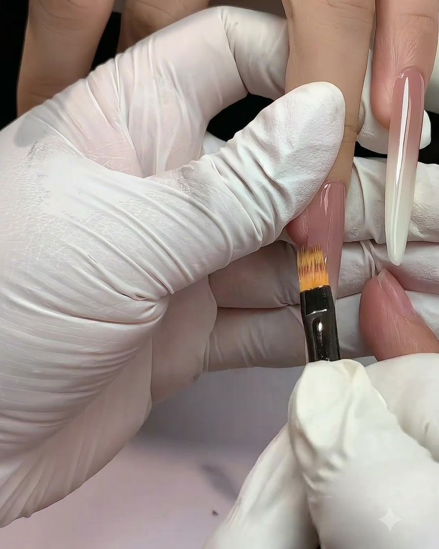 Un pincel plano para degradados difuminando el gel nude hacia abajo en una uña extendida.
