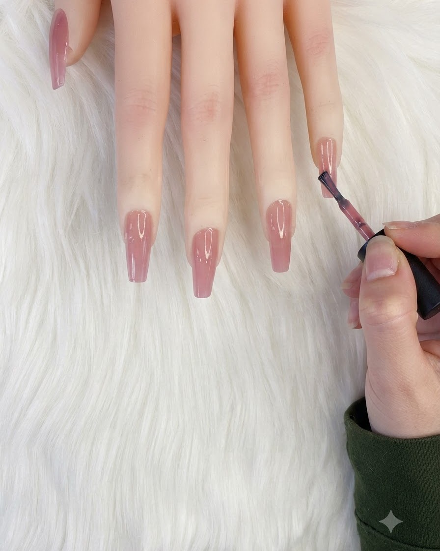 Un pincel de uñas aplicando una gota de esmalte blanco lechoso en la punta de una uña nude rosada.