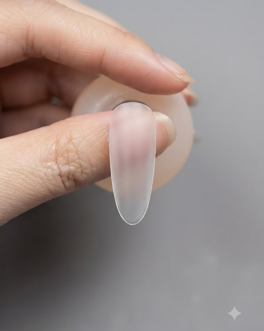 Un primer plano de una extensión de uña transparente con una pequeña gota de gel de construcción transparente en el centro.