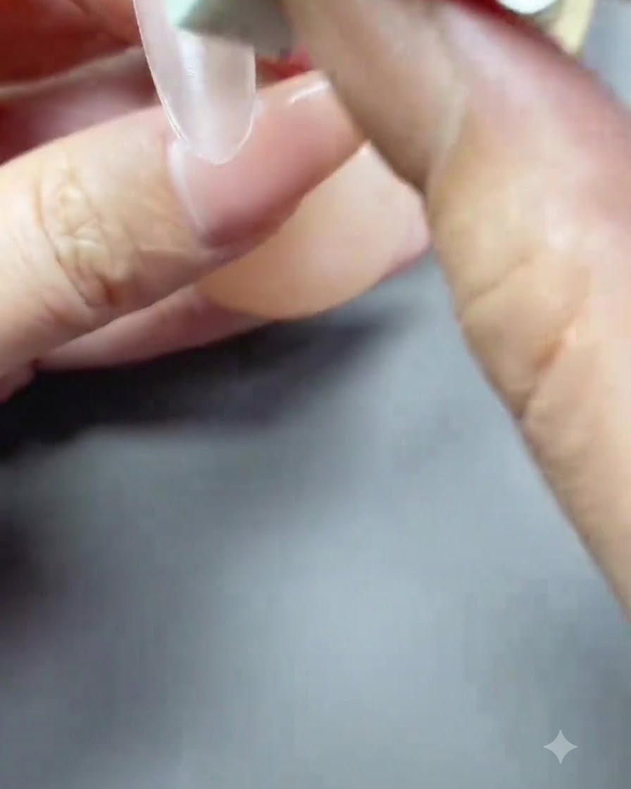Un pincel aplicando una capa fina de esmalte en gel nude rosado translúcido sobre una extensión de uña.