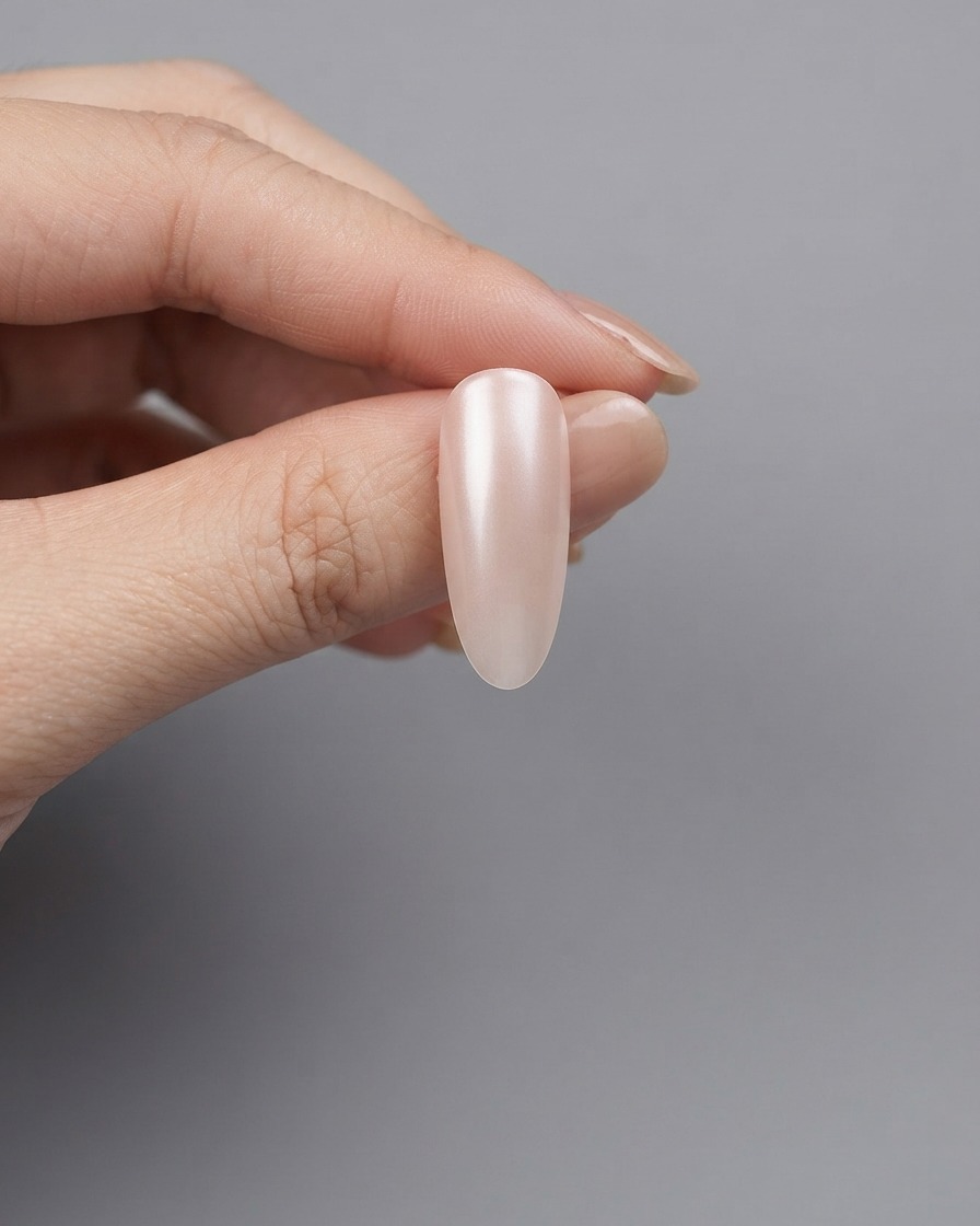 Una extensión de uña recubierta con esmalte en gel cat-eye magnético húmedo que muestra un brillo perlado.