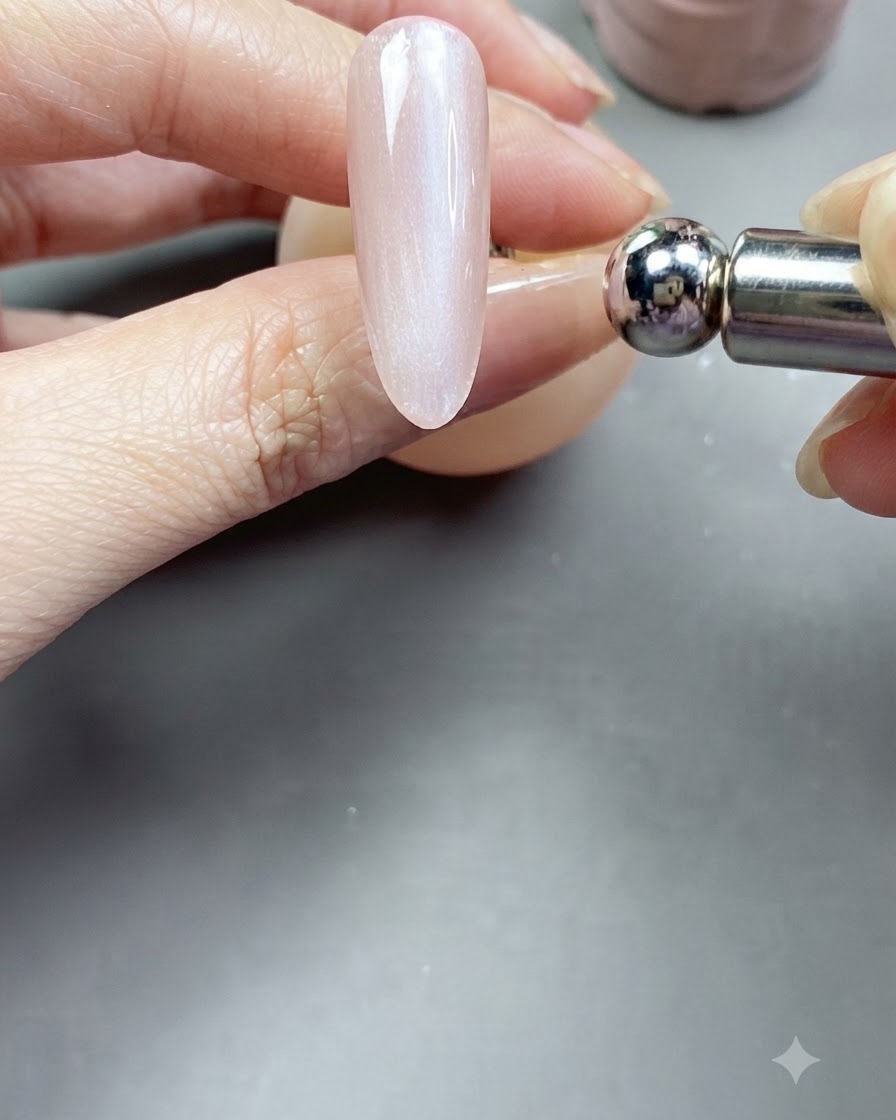 Una herramienta de imán de bola de metal sostenida cerca de una uña recubierta de gel cat-eye para dar forma al reflejo magnético.