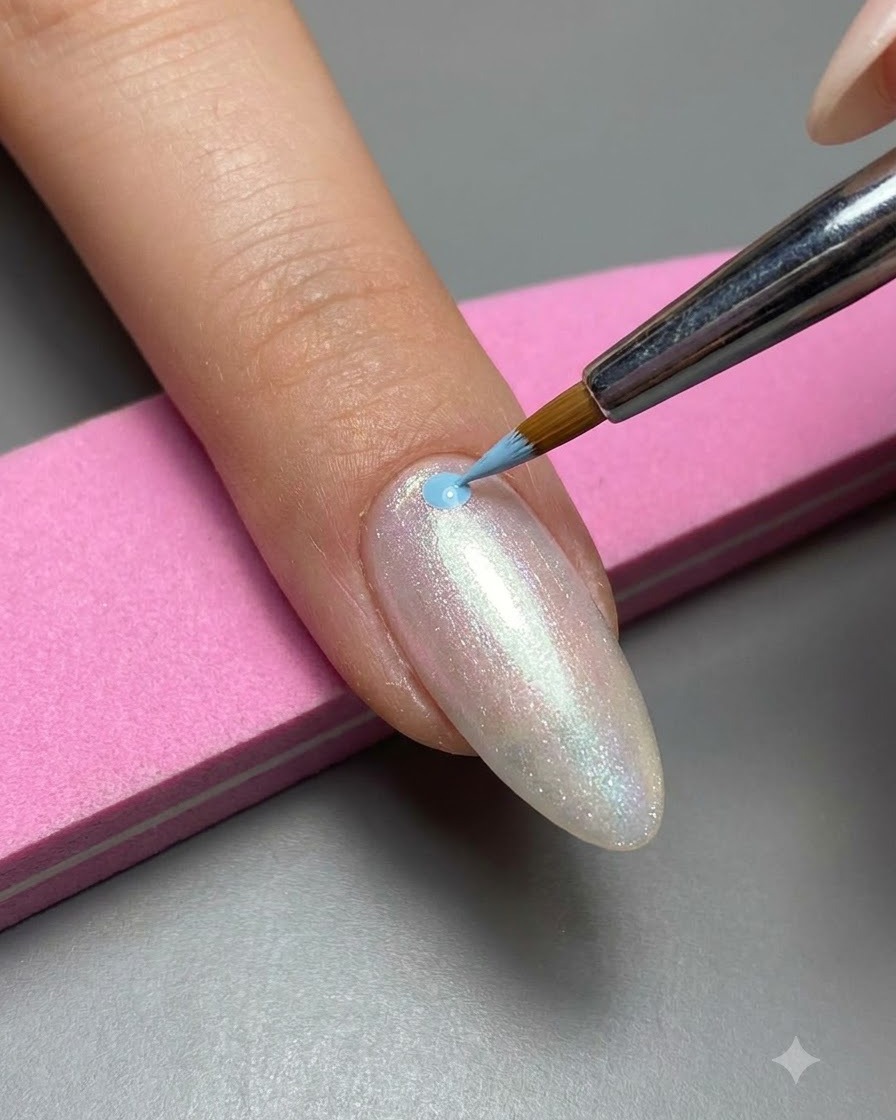 Un pincel delineador fino aplicando un punto o trazo de esmalte en gel azul claro en la superficie de una uña.