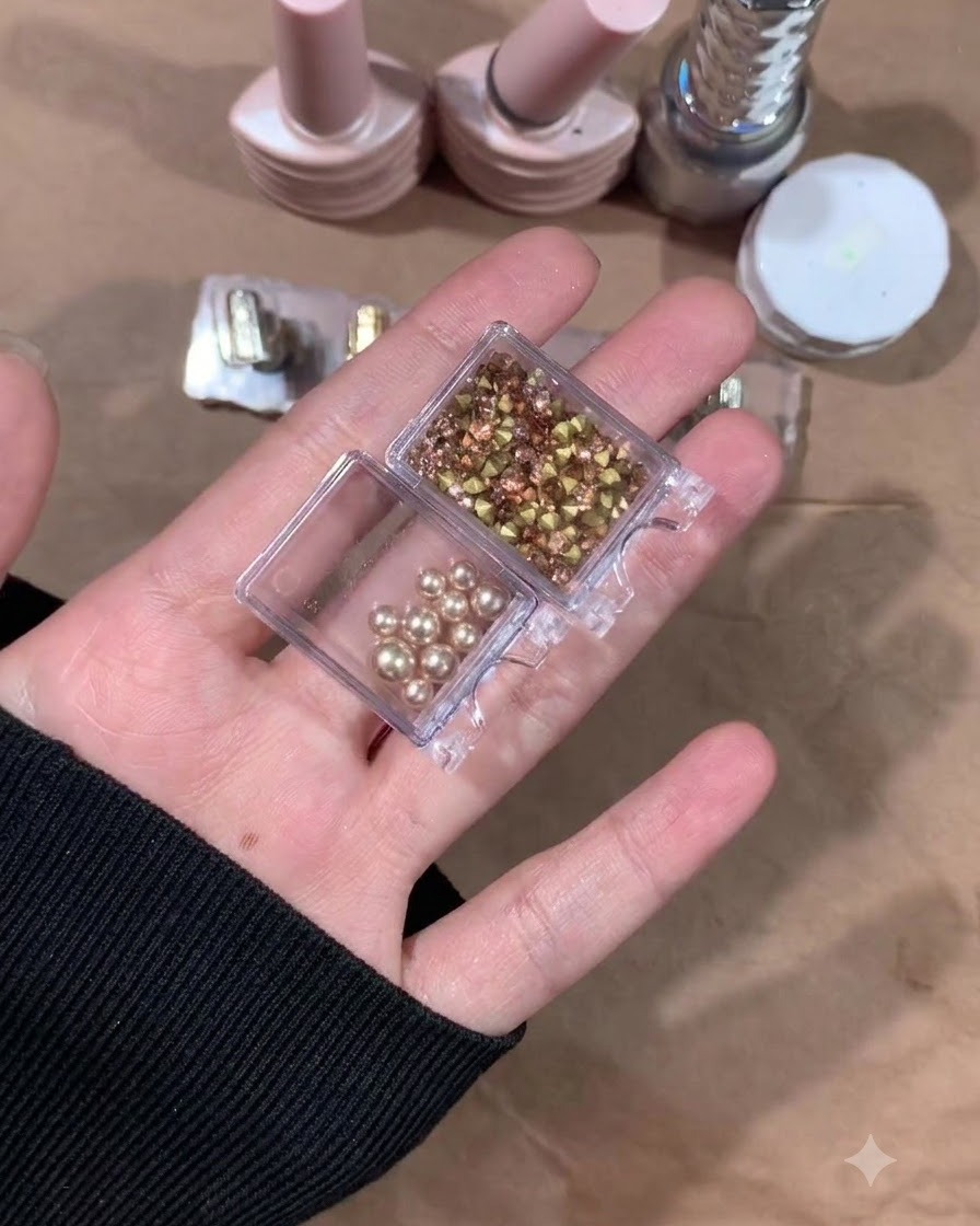 Una caja organizadora abierta que contiene perlas de color oro rosa y cristales dorados con base en punta.