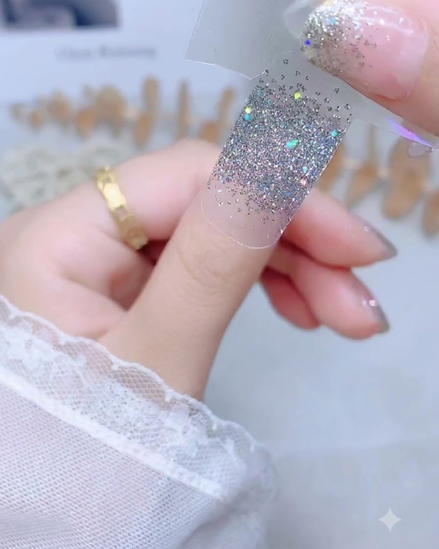 Una mano sosteniendo una pegatina de uñas con purpurina plateada por la tira trasera transparente sobre la uña desnuda del pulgar.