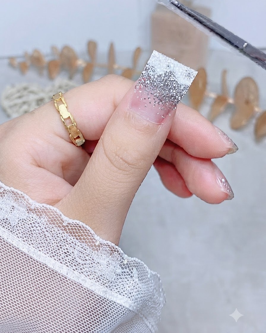 Primer plano de una mano presionando el borde lateral de una pegatina de uñas con degradado de purpurina plateada para asegurarla al ras de la uña.