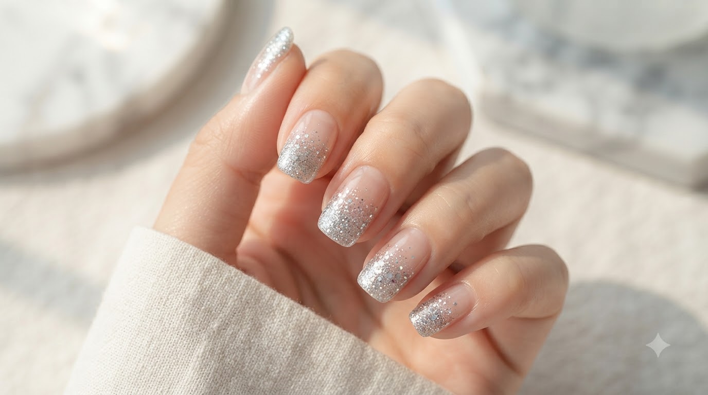 Pegatinas de Uñas Degradadas con Purpurina Plateada — Manicura Brillante y Fácil