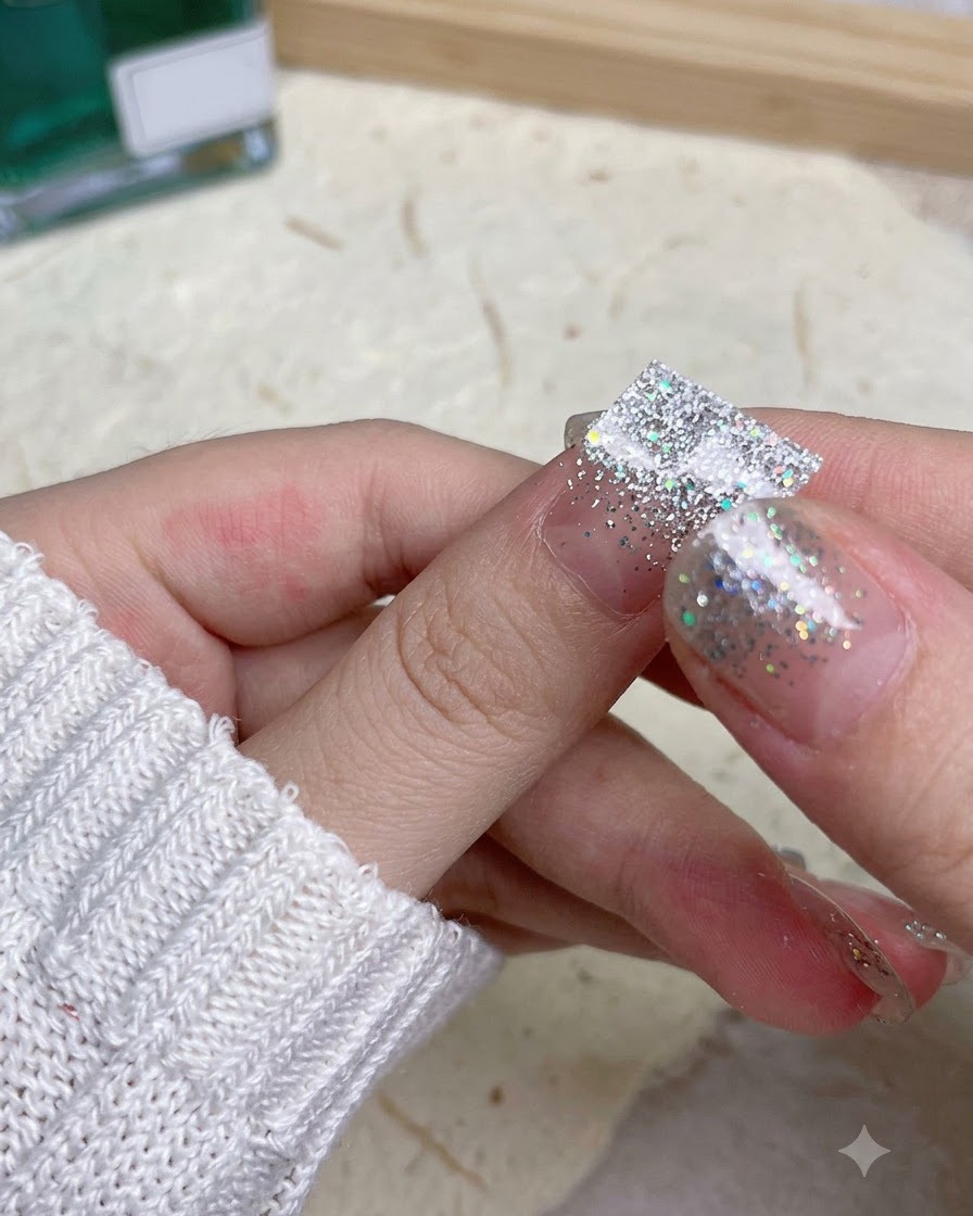 Un pulgar presionando firmemente sobre una pegatina de uñas con brillo plateado para asegurar sus bordes.