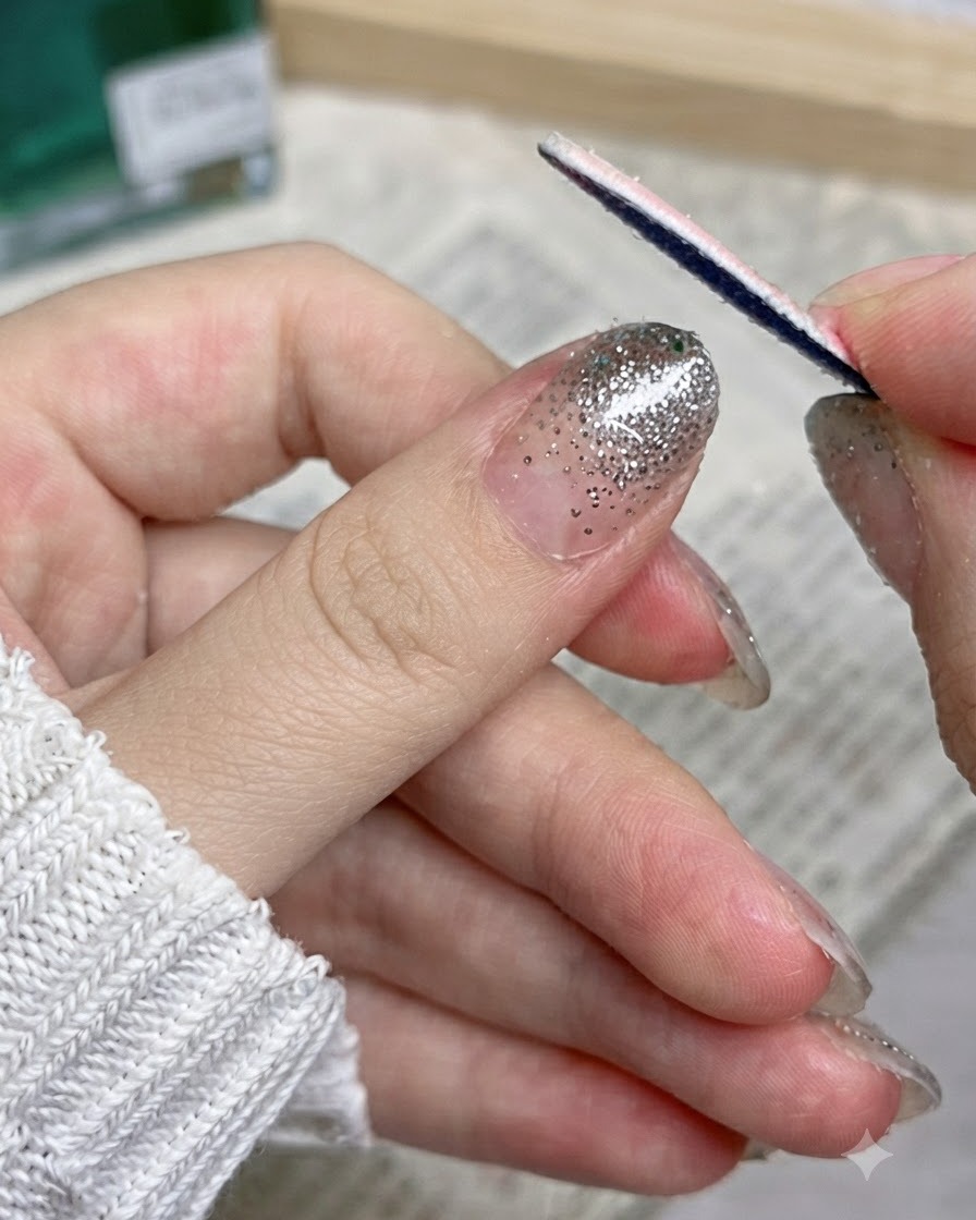 Un primer plano de una sola uña terminada con un diseño brillante de ombré de brillo plateado y bordes limpios.