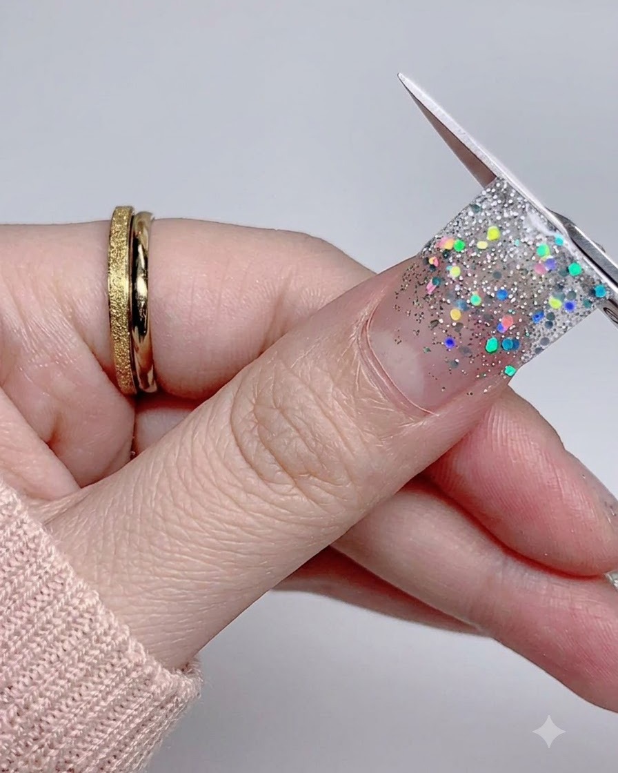 Un primer plano de un pulgar presionando y alisando el borde de una pegatina de uña con brillo plateado.