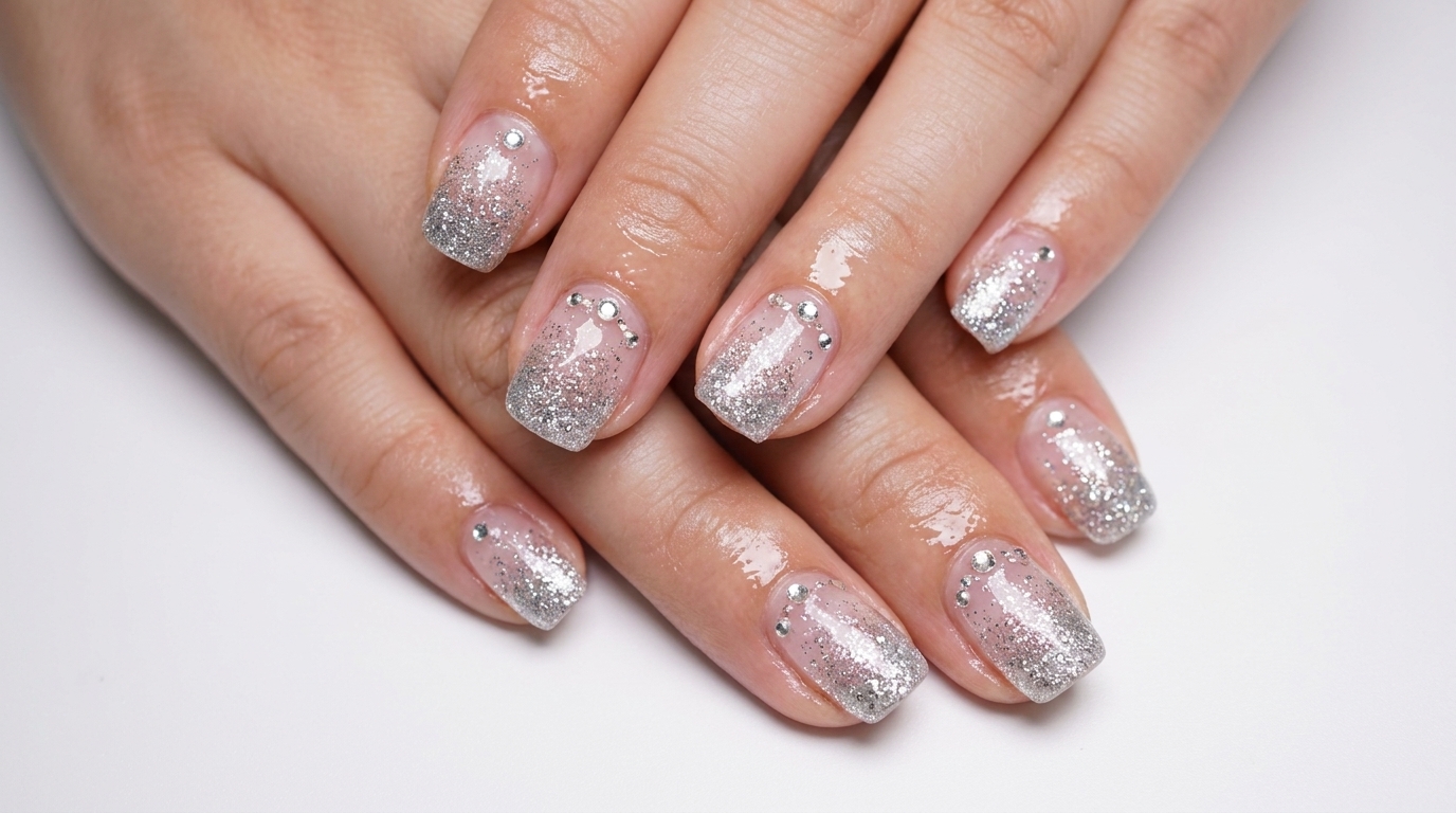 Uñas con Degradado de Purpurina Plateada y Cristales — Tutorial Paso a Paso