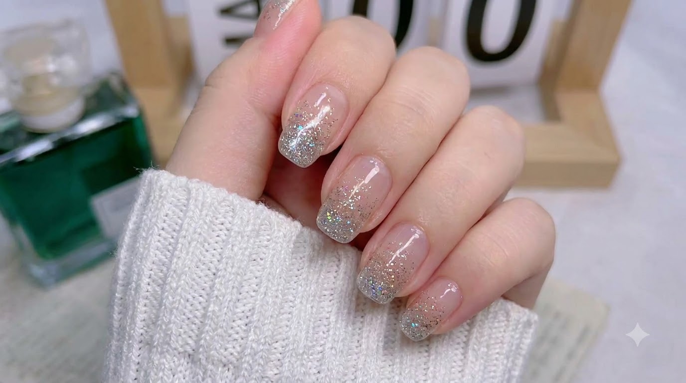 Uñas postizas degradadas con purpurina plateada: Tutorial de aplicación para principiantes