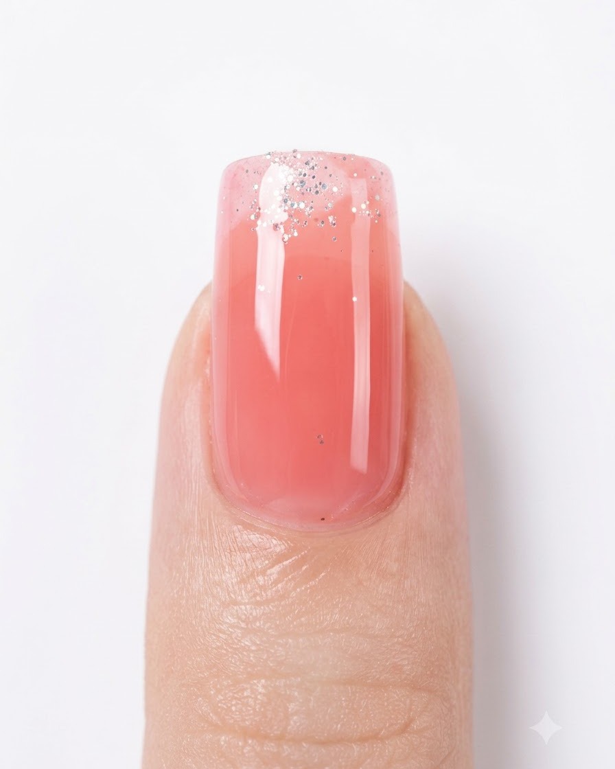Un pincel fino para nail art sumergiéndose en un envase de gel con glitter plateado.