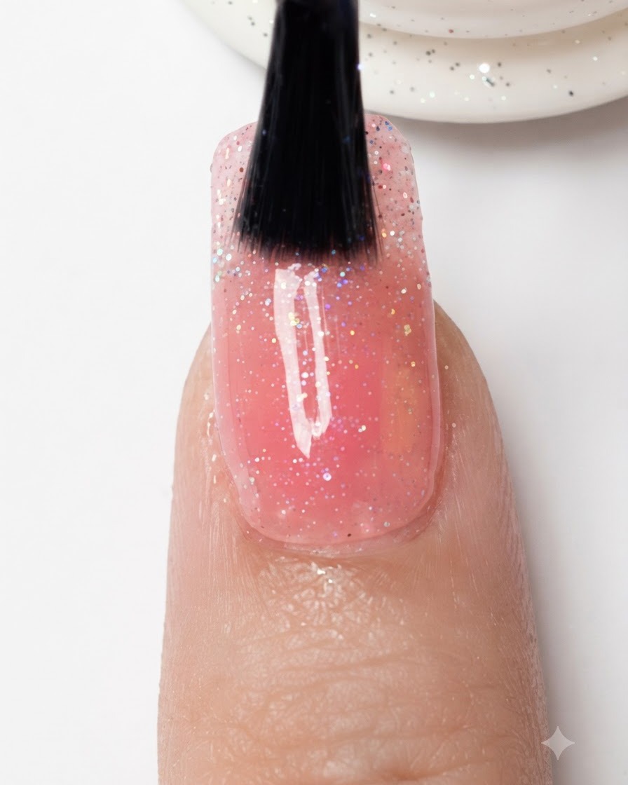 Un pincel aplicando una capa de top coat transparente sobre toda la superficie de una uña con degradado de glitter.