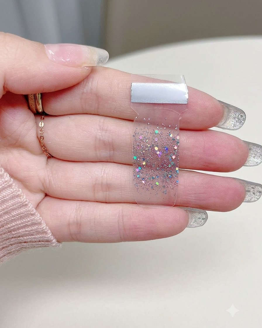 Primer plano de una mano sosteniendo una lámina transparente de pegatinas de uñas con degradado de glitter plateado sobre un fondo neutro.