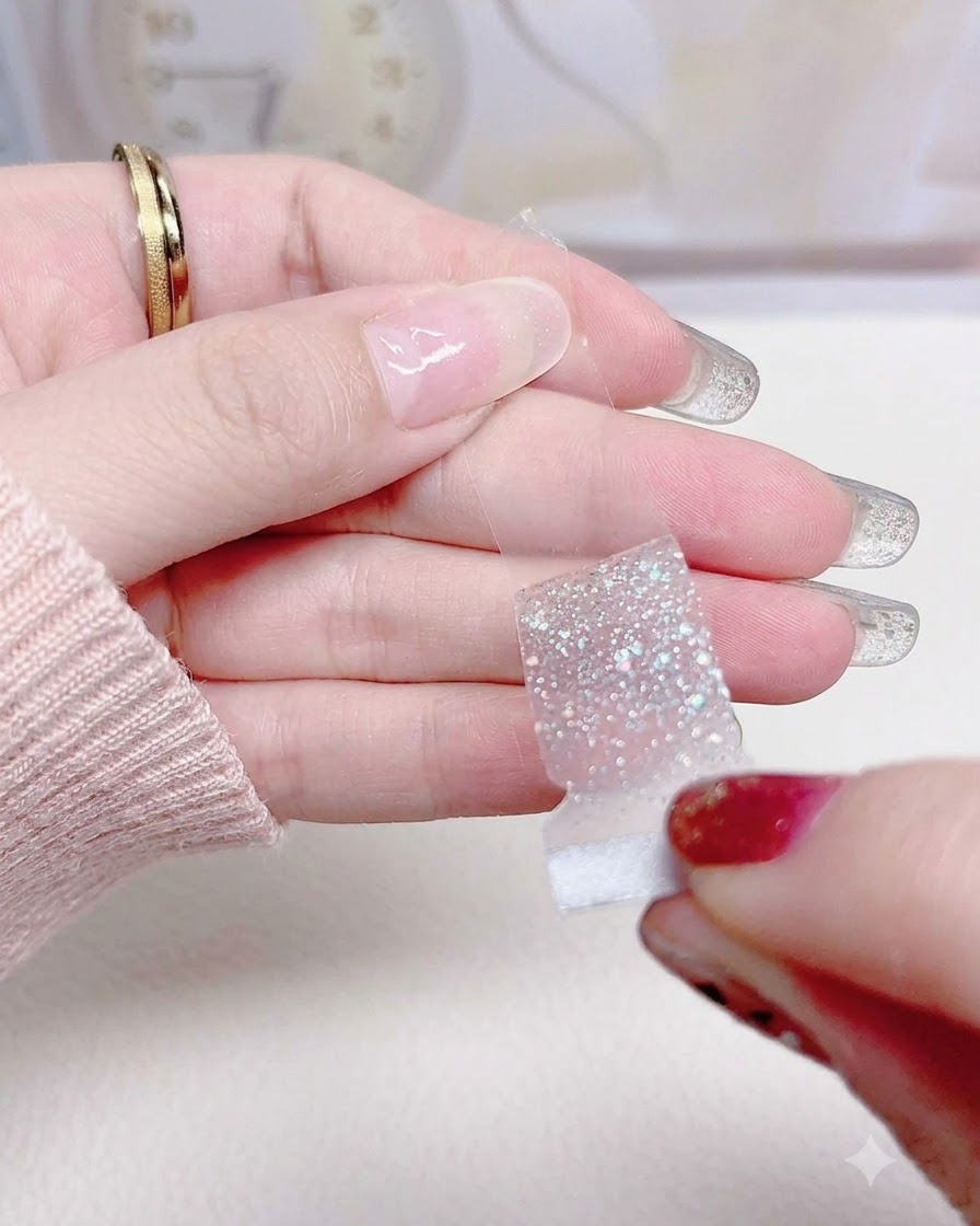 Una mano desprendiendo cuidadosamente una pegatina de uña con glitter plateado de su lámina de plástico transparente.