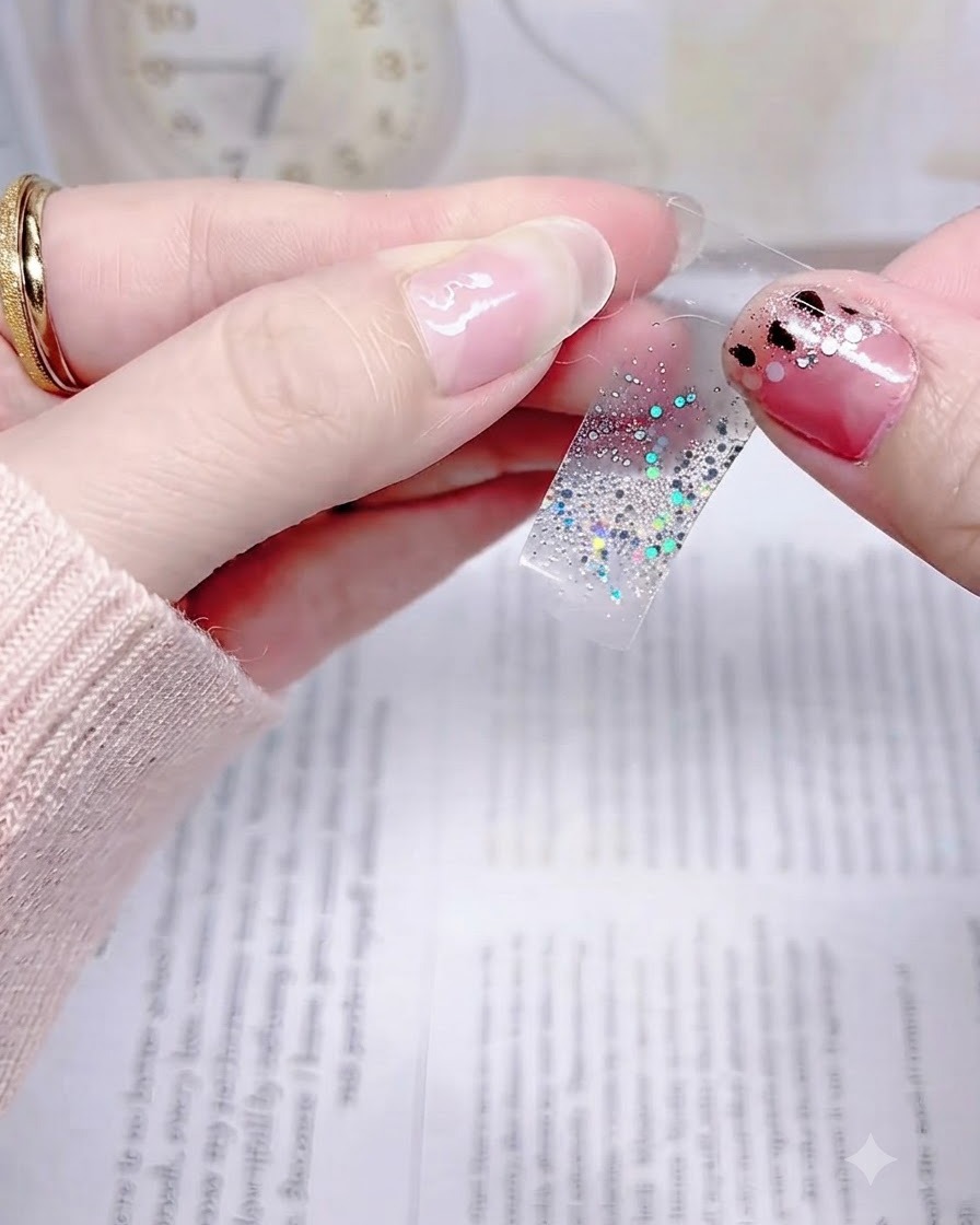 Una mano sosteniendo una pegatina de glitter plateado alineada con precisión justo encima de la cutícula de una uña natural.