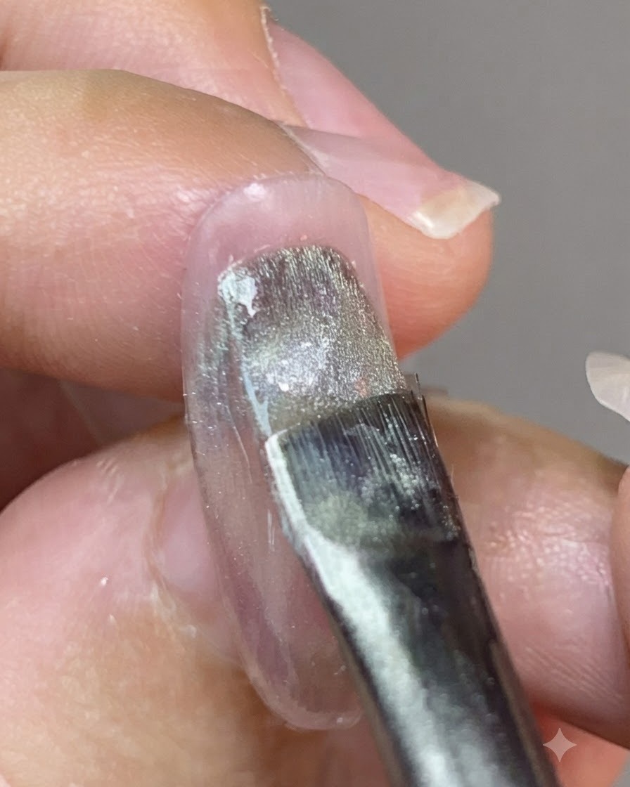 Un pincel aplicando un esmalte magnético cat-eye brillante sobre la superficie de una uña.