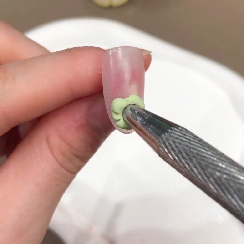 Una herramienta de metal colocando una pequeña gota de gel verde sobre la superficie preparada de la uña rosa nude.