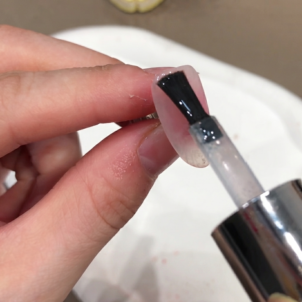 Un pincel de esmalte aplicando un top coat transparente sin capa pegajosa sobre la superficie de una uña manicurada.