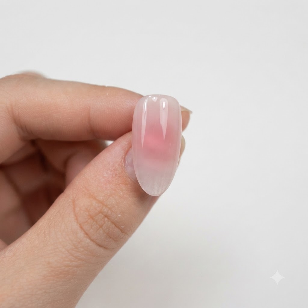Vista de cerca de una uña rosa nude que muestra un sutil efecto de degradado rosa bajo un top coat brillante.