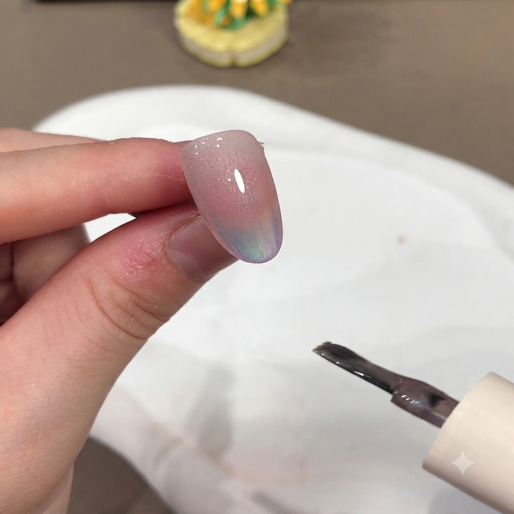 Un pincel y un imán cerca de una uña manicurada para dar forma al efecto de luz del ojo de gato.