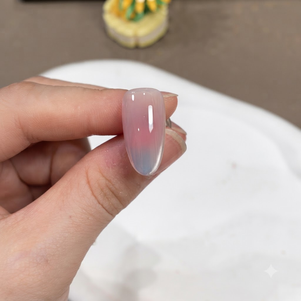 Una uña manicurada terminada que muestra una capa de top coat brillante lista para el curado final.