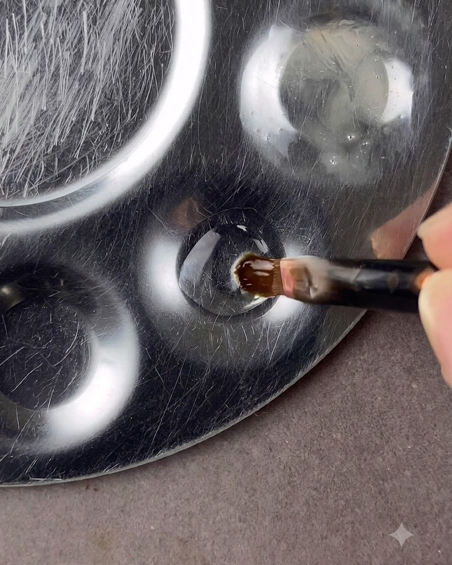 Un pincel de nail art de punta redonda sumergiéndose en una gota de gel base transparente sobre una paleta de metal.