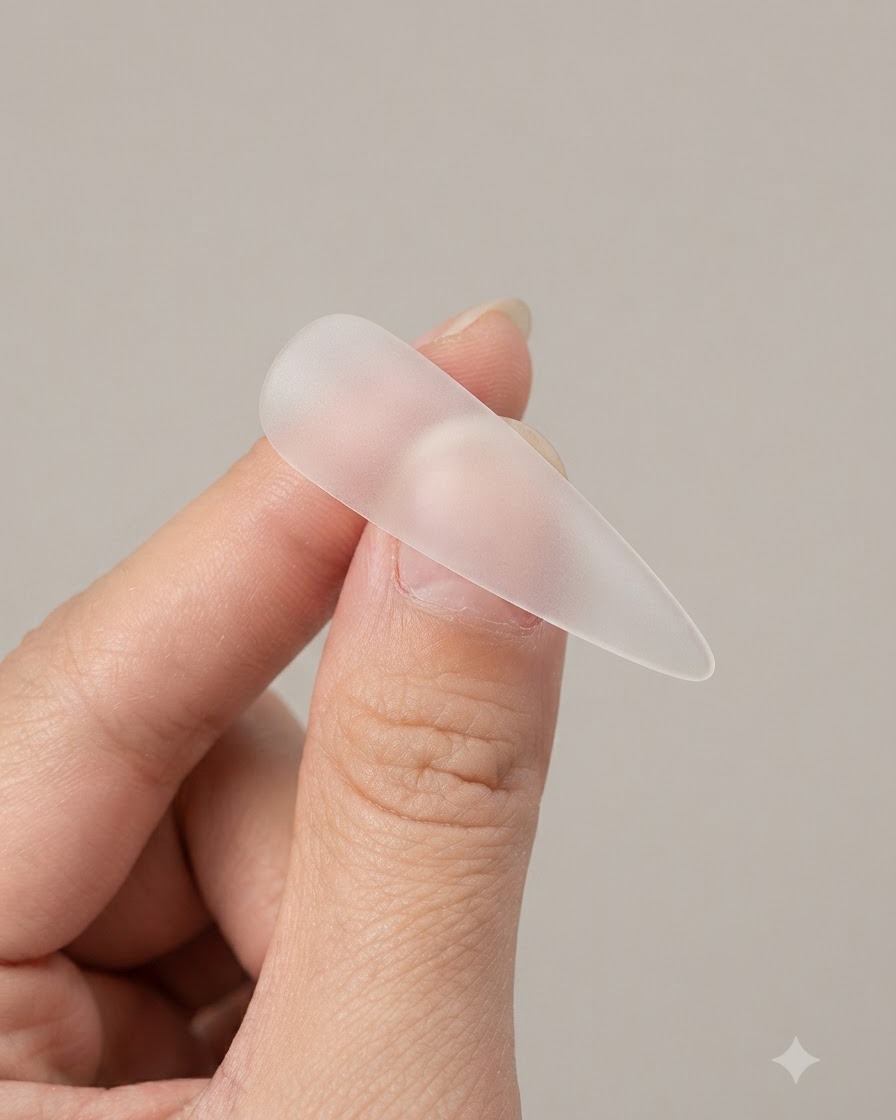 Un primer plano de dedos sosteniendo una punta de uña artificial transparente y puntiaguda mientras la preparan.