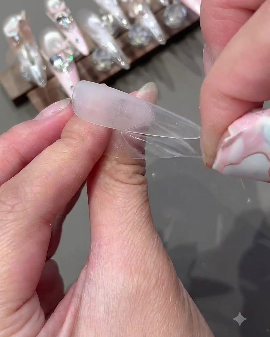 Dedos despegando con cuidado una pegatina guía curva de una punta de uña artificial transparente.