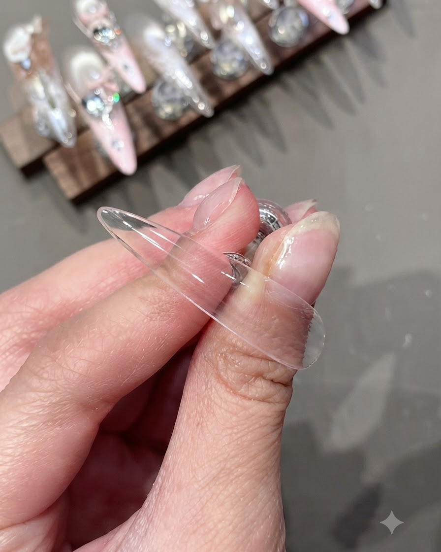 Una punta de uña artificial transparente que muestra una capa suave de gel base.