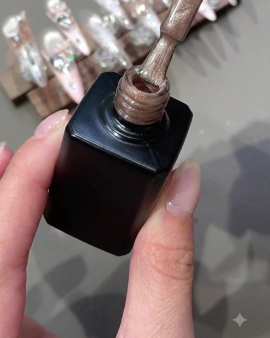 Un pincel de esmalte de uñas sosteniendo gel ojo de gato brillante sobre una botella negra abierta.
