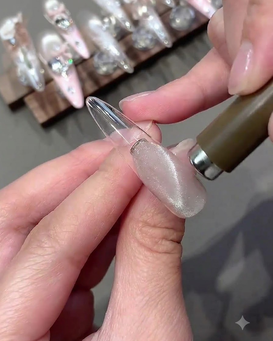 Una mano sosteniendo una varita magnética flotando sobre una uña de gel ojo de gato brillante.