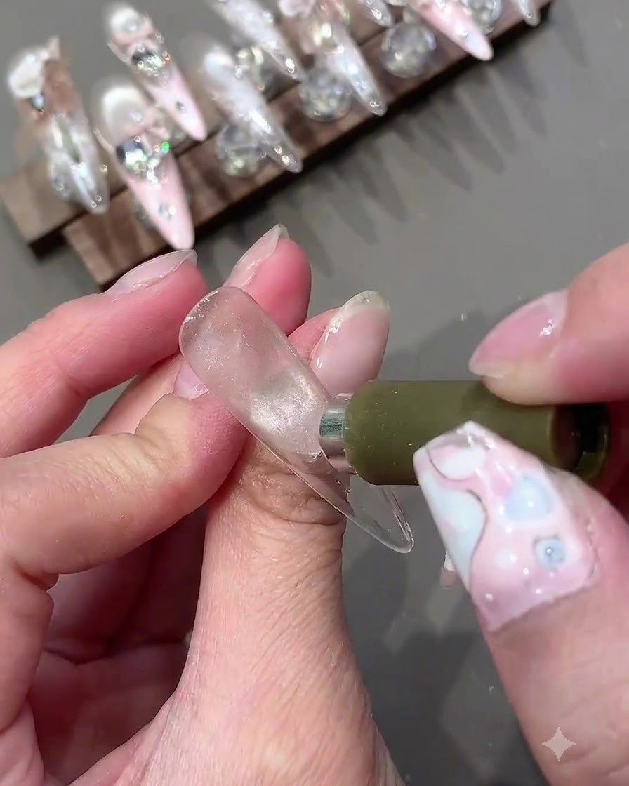 Un primer plano de un imán dando forma a un reflejo de ojo de gato en forma de foco sobre una uña de gel translúcida.