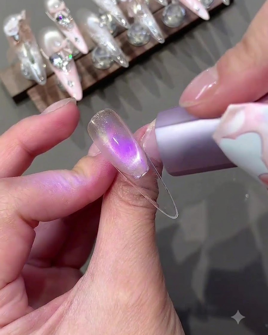 Una uña iluminada por una lámpara UV morada durante el proceso de curado del gel.