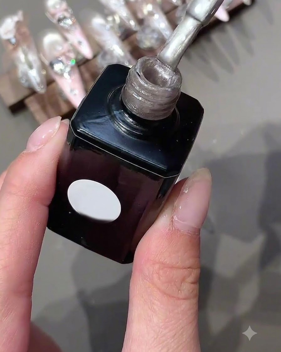 Una botella de esmalte en gel sostenida en posición vertical que muestra el aplicador de pincel lleno de gel brillante.