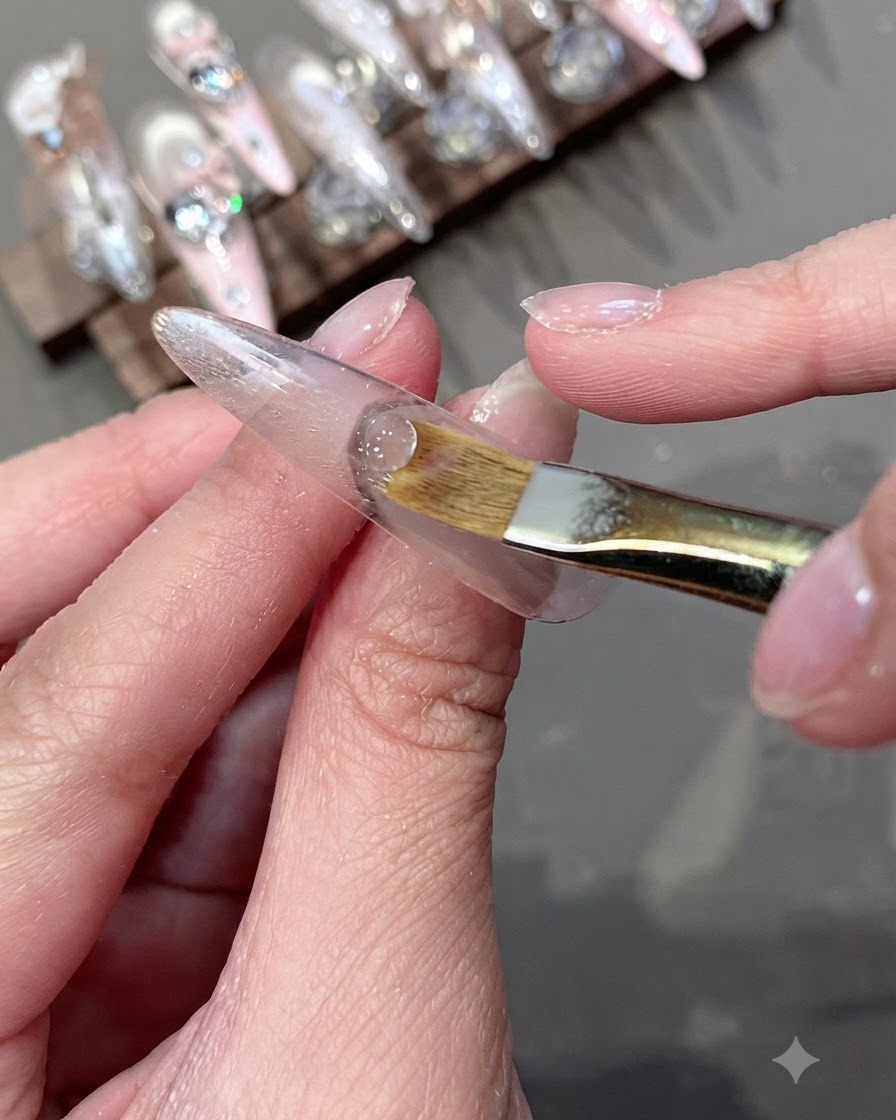 Un pincel suave estilo maquillaje difuminando el borde de una capa de gel cerca de la cutícula.