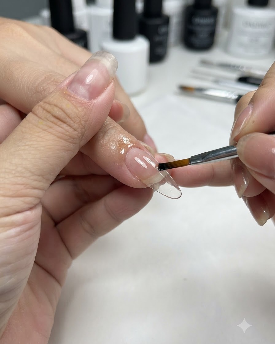 Un pincel plano aplicando un gel rosa carne translúcido sobre una extensión de uña preparada.