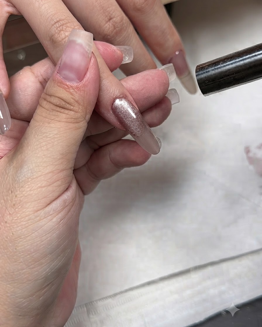 Una varita magnética flotando sobre una uña brillante con efecto ojo de gato para extraer el efecto de luz.