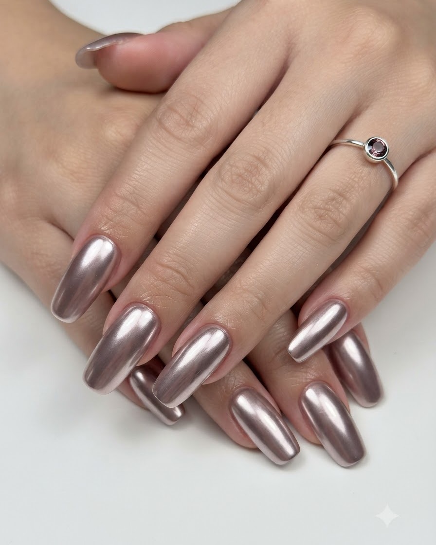 Ambas manos mostrando uñas manicuradas con cromo metálico brillante y un anillo en un dedo.